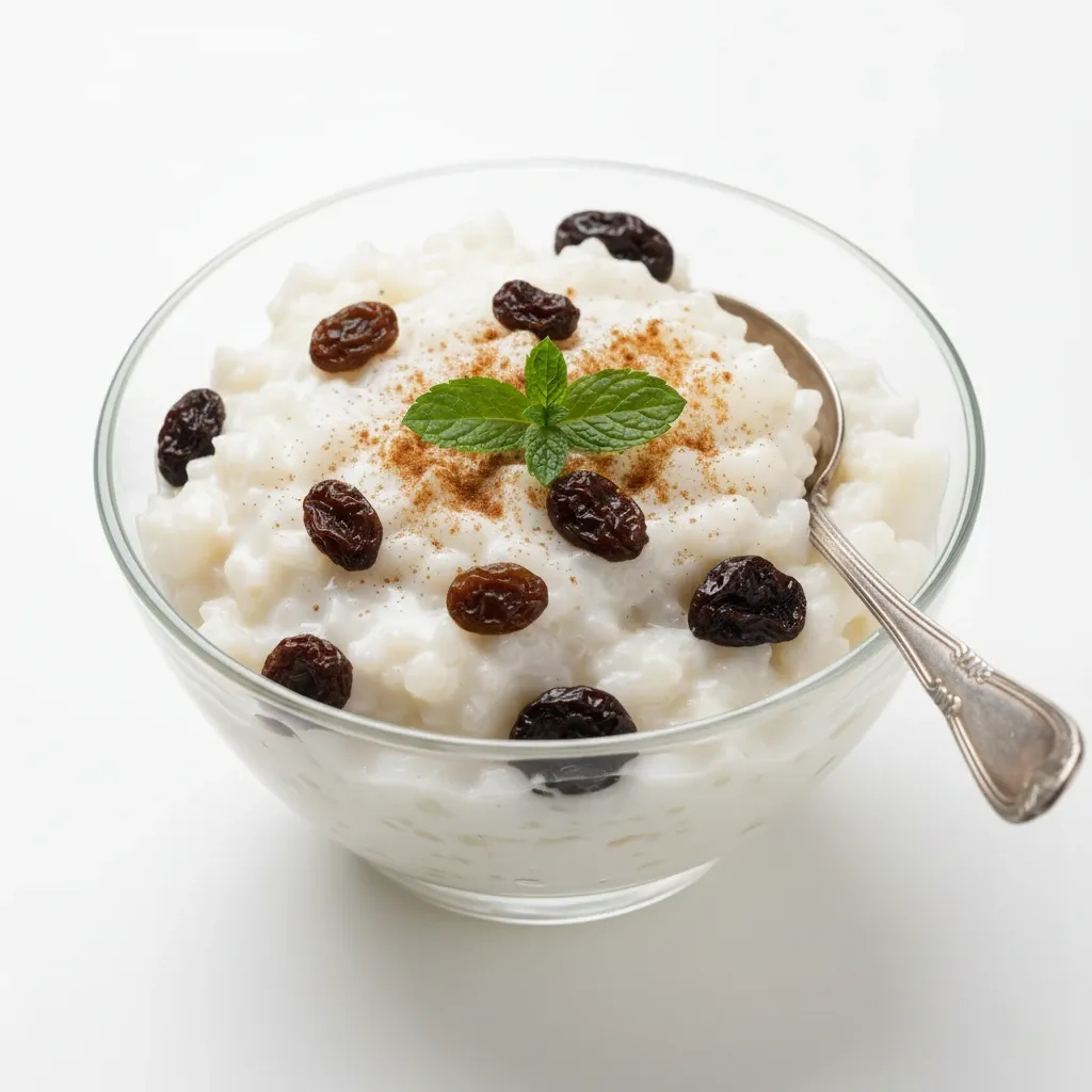 Cremoso arroz dulce con uvas pasas y ciruelas