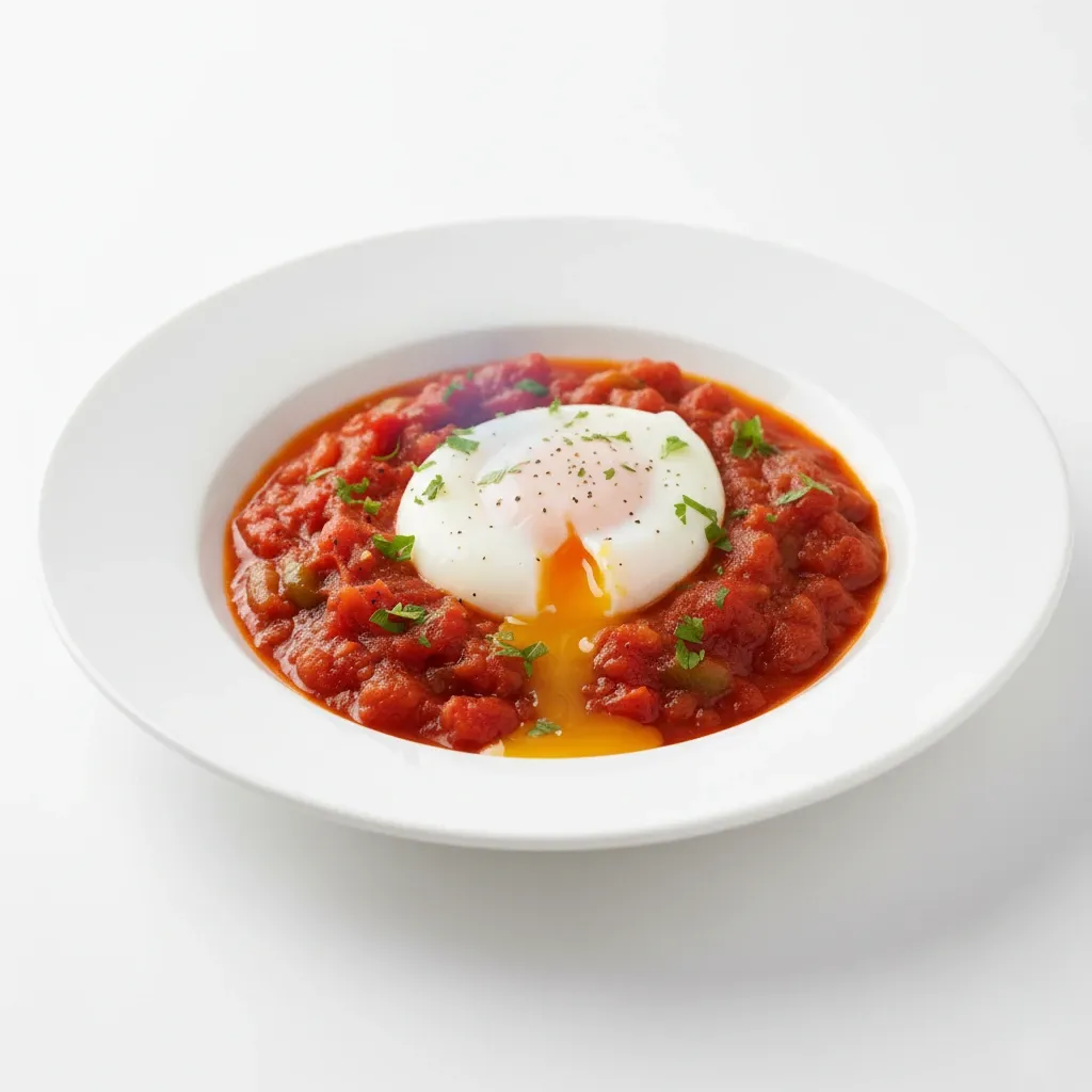 Huevo escalfado con salsa de tomate y pimientos