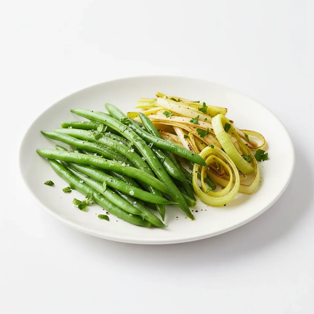 Judías verdes redondas con tiras de puerro salteados