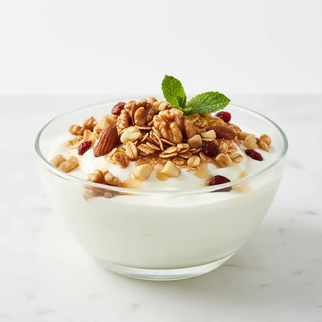 Yogur con frutos secos y copos de avena